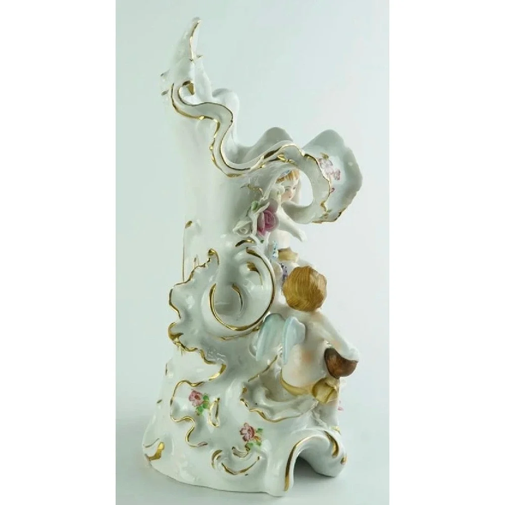 Vintage Porcelain Cherub Cornucopia Vase F-46 Rococo Floral Gold Trim 9in